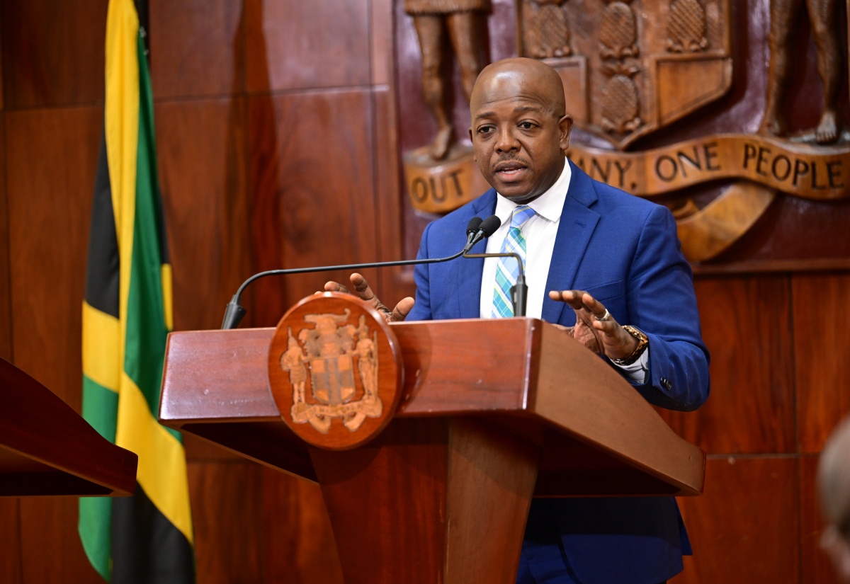 Minister of Labour and Social Security, Hon. Pearnel Charles Jr., provides an update on Hurricane Melissa relief efforts during a media briefing at Jamaica House on Monday (November 3).


