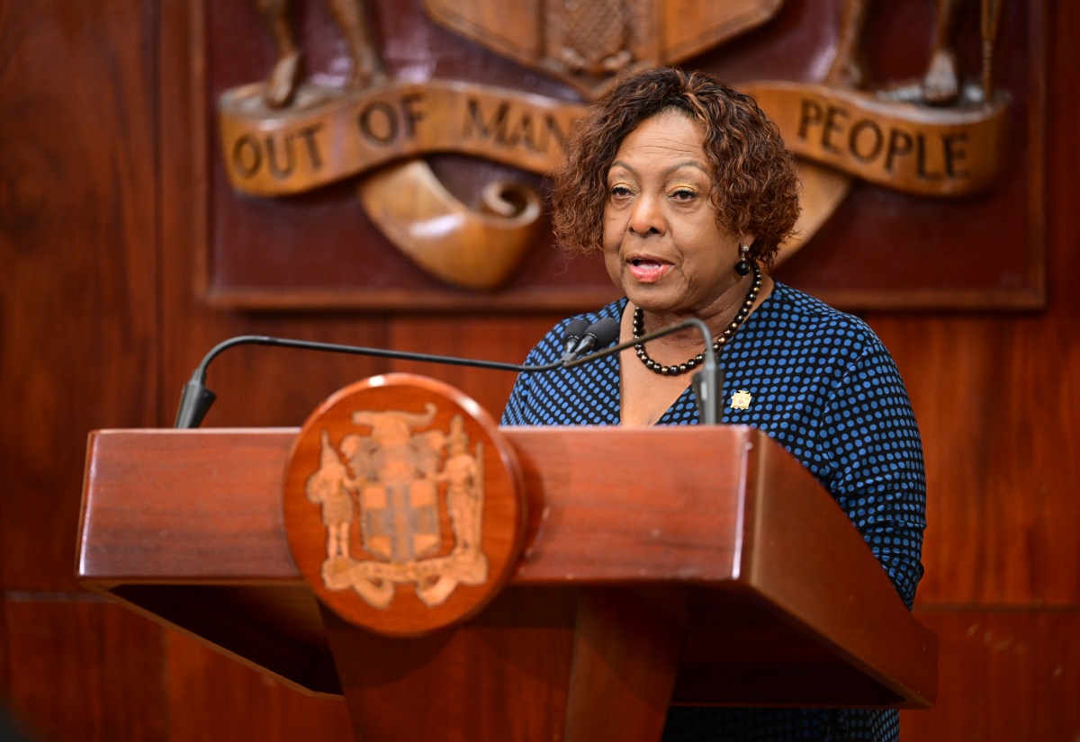 Minister of Culture, Gender, Entertainment and Sport, Hon. Olivia Grange, addresses a special press briefing held at Jamaica House in Kingston on Monday (November 3).

