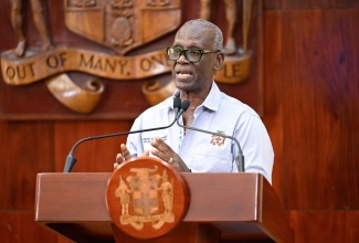 Minister of Local Government and Community Development, Hon. Desmond McKenzie, addresses a press briefing at Jamaica House on Wednesday (November 26).