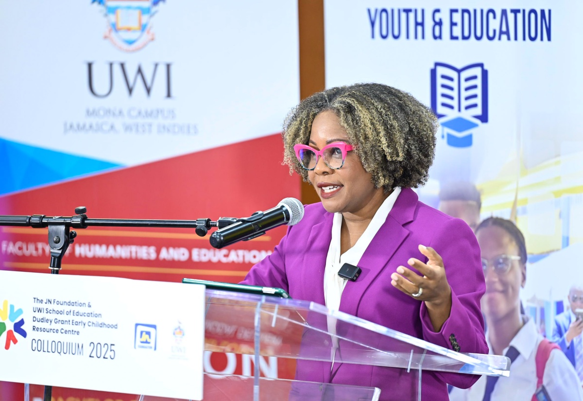 Minister of Education, Skills, Youth and Information, Senator Dr. the Hon. Dana Morris Dixon, addresses the Dudley Grant Early Childhood Education Resource Centre Colloquium 2025, hosted by the Jamaica National (JN) Foundation in collaboration with the University of the West Indies (UWI) School of Education, at the UWI Regional Headquarters in St. Andrew on Thursday (November 27).

