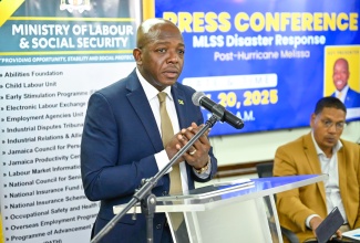 Minister of Labour and Social Security, Hon. Pearnel Charles Jr., addresses a press conference on disaster response post Hurricane Melissa, on Thursday  (November 20), at the Ministry’s North Street offices in Kingston.

