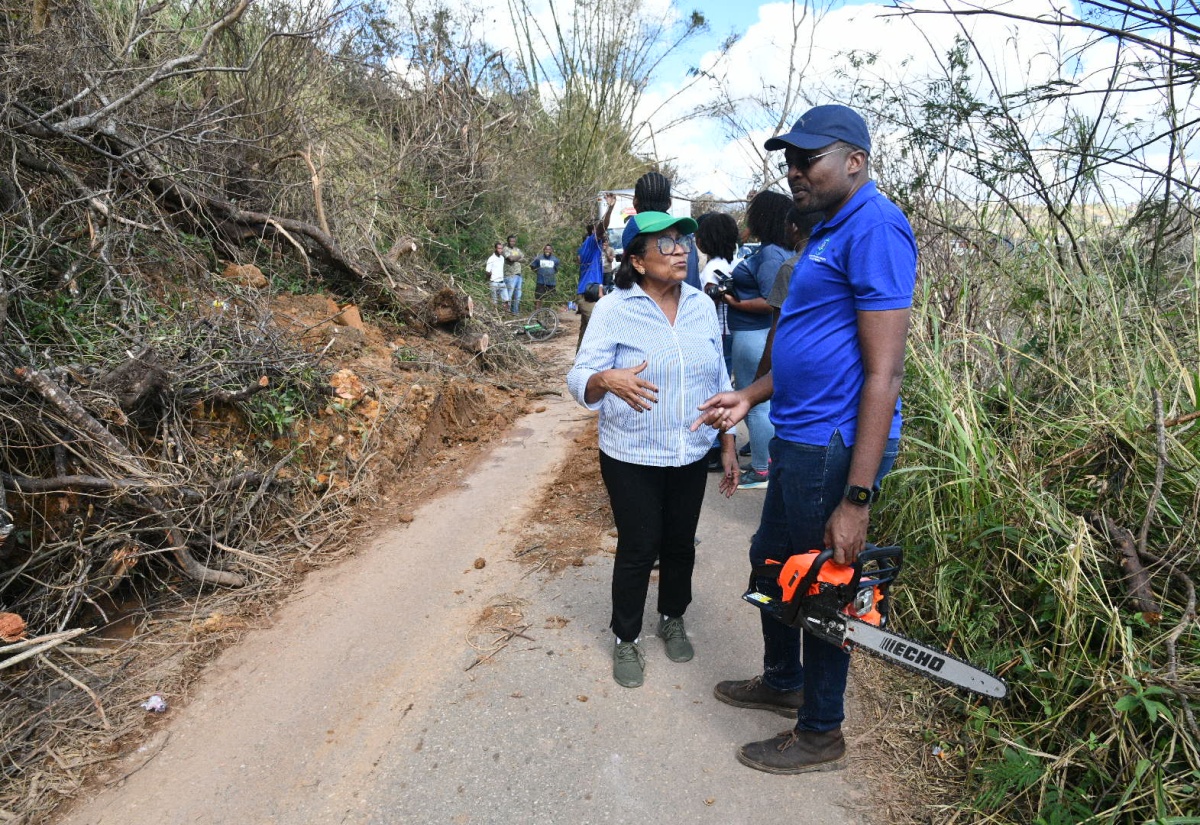 Minister with Responsibility for Works in the Ministry of Economic Growth and Infrastructure Development Hon. Robert Morgan (right) engages in conversation with Member of Parliament for Southern Trelawny, Hon. Marissa Dalrymple-Philibert, during a tour of the constituency on November 7.