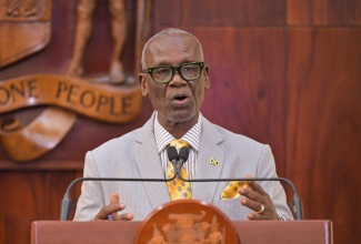 Minister of Local Government and Community Development, Hon. Desmond McKenzie, addresses a press briefing at Jamaica House on Tuesday (November 11) to give an update on Hurricane Melissa recovery.

