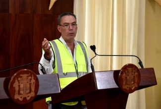 Minister of Energy, Transport and Telecommunications, Hon. Daryl Vaz, addresses Friday’s (October 31) special press conference on Hurricane Melissa recovery activities at Jamaica House.