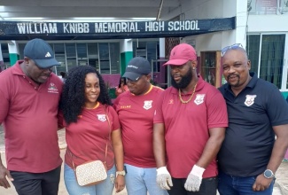 Members of Eltham High School in Spanish Town, St. Catherine, who visited the William Knibb Memorial High School in Falmouth, Trelawny, on November 12 to assist with hurricane relief efforts. They are (from left) Vice Principal, Dr. Gregory Allen; Nicole Davis; Richard Reid; Dwayne Brown; and Glenville Holmes.

