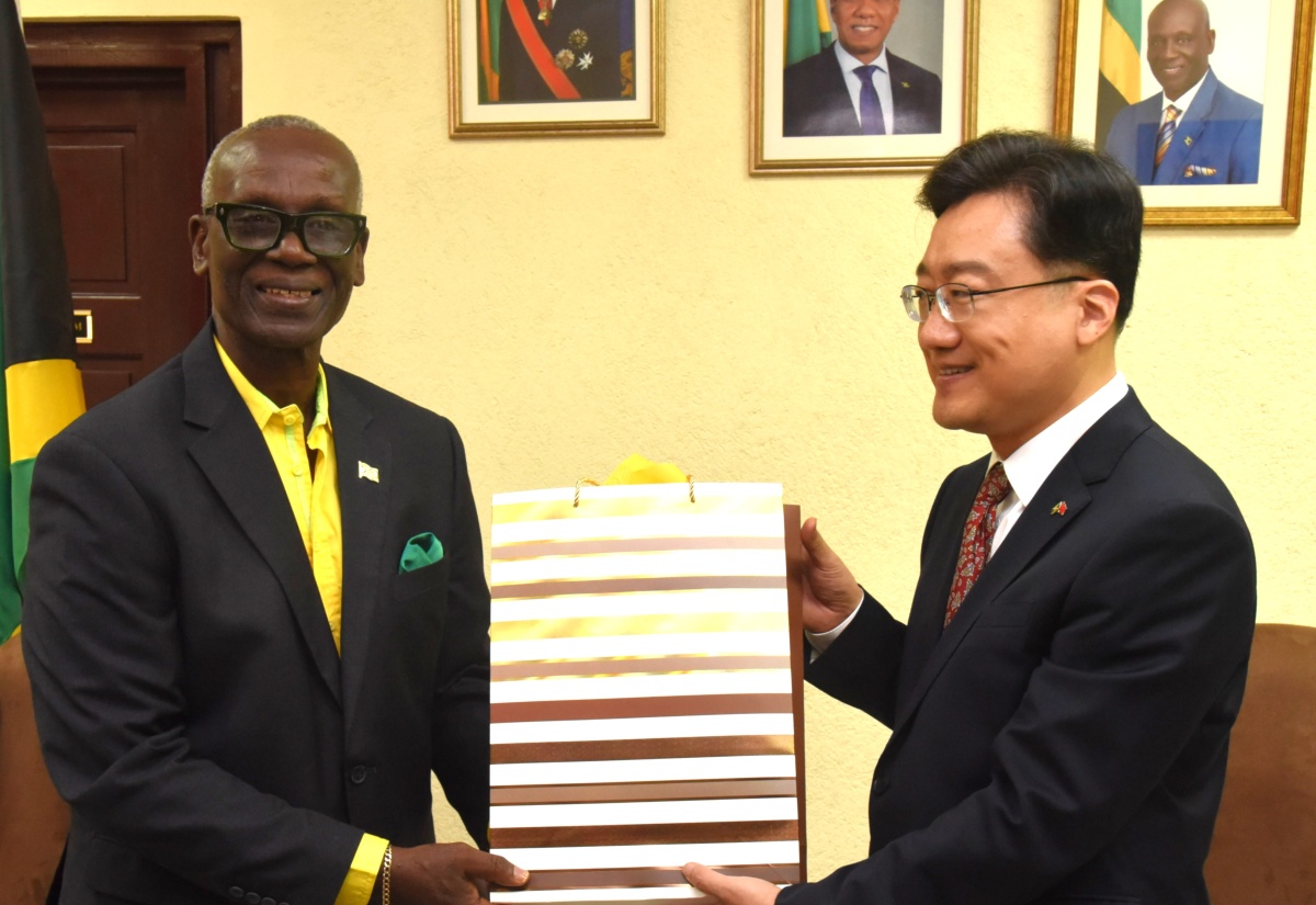 Minister of Local Government and Community Development, Hon. Desmond McKenzie (left) receives a gift from Ambassador of the People