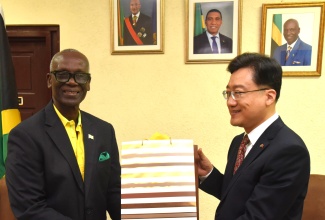 Minister of Local Government and Community Development, Hon. Desmond McKenzie (left) receives a gift from Ambassador of the People