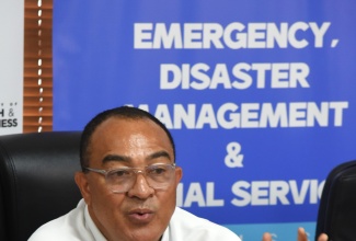 Minister of Health and Wellness, Dr. the Hon. Christopher Tufton, addresses journalists during Saturday’s (November 1) press briefing on Hurricane Melissa recovery activities, held at the Ministry’s New Kingston offices.