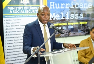 Minister of Labour and Social Security, Hon. Pearnel Charles Jr., addressing a press conference on disaster response Post-Hurricane Melissa held on Thursday (November 20), at the Ministry's offices in downtown Kingston. 