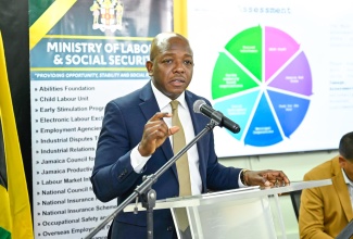Minister of Labour and Social Security, Hon. Pearnel Charles Jr., speaks at a press conference on disaster response post Hurricane Melissa, held on Thursday (November 20), at the Ministry's offices in downtown Kingston. 


