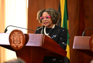 Minister of Education, Skills, Youth and Information, Senator Dr. the Hon. Dana Morris Dixon, addresses a special press briefing on Hurricane Melissa Recovery at Jamaica House in Kingston, on Monday (November 3).