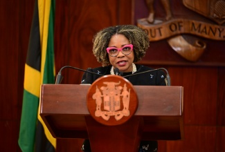 Minister of Education, Skills, Youth and Information, Senator Dr. the Hon. Dana Morris Dixon, gives an update on the education sector at a special press briefing on Hurricane Melissa Recovery at Jamaica House in Kingston on Monday (November 3).

