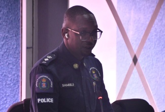 Commanding Officer for St. James, Senior Superintendent of Police (SSP), Eron Samuels, gives remarks during the monthly meeting of the St. James Municipal Corporation, held in Montego Bay on Thursday (November 13). 

