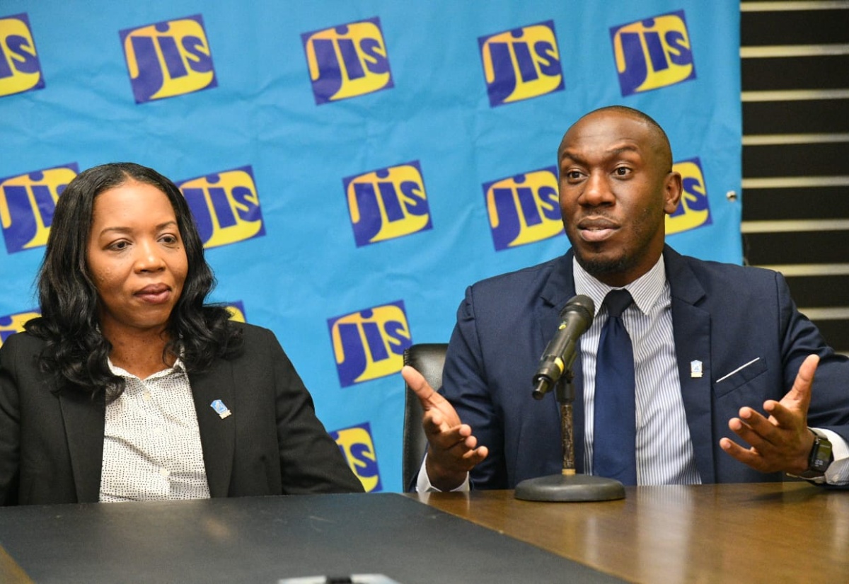 Manager for Customer Relations Management, Shara Luke Cooper, and Assistant General Manager for Corporate Communications and Public Affairs, Dwayne Berbick, both of the National Housing Trust (NHT), participate in a Jamaica Information Service (JIS) Think Tank, on November 25.

