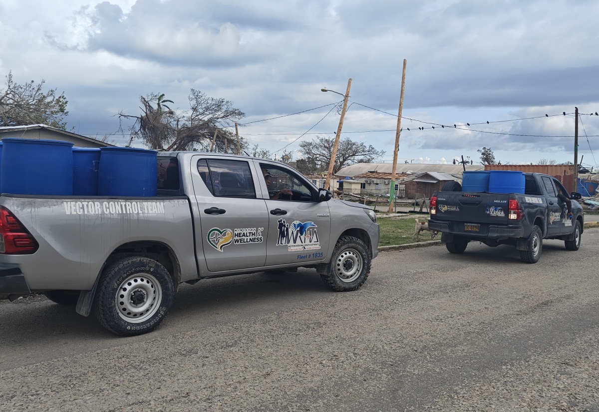 Vehicles assigned to the Vector Control Unit under the Western Regional Health Authority stationed at Savanna-la-Mar Public General Hospital in Westmoreland, ahead of deployment to areas affected by Hurricane Melissa.