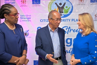 Deputy Prime Minister and Minister of National Security and Peace, Hon. Dr. Horace Chang (centre), engages in dialogue with Ambassador of the European Union (EU) to Jamaica, Her Excellency Dr. Erja Askola (right), and Permanent Secretary in the Ministry, Ambassador Alison Stone Roofe, during a high‑level meeting on the progress of the Citizen Security Plan. The engagement was hosted on Wednesday (November 19), at the Office of the Commissioner of Police in St. Andrew.

