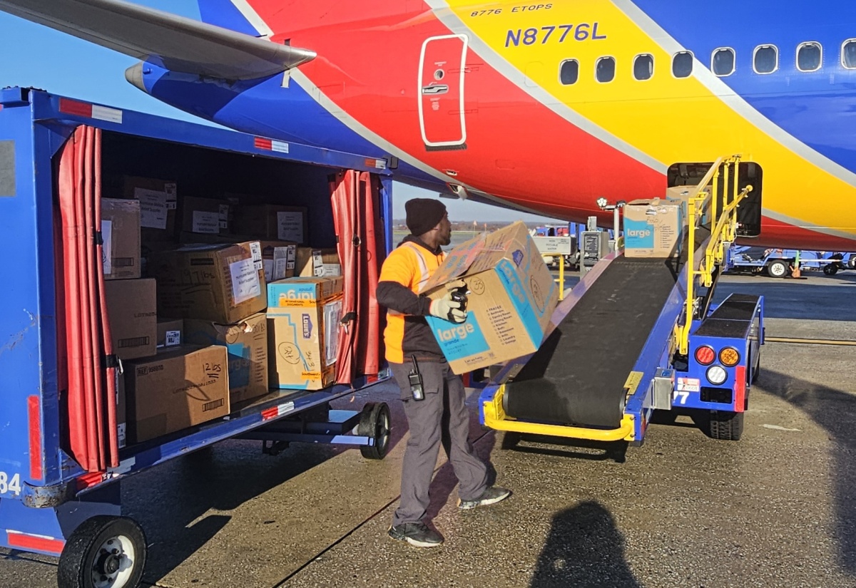 Southwest Airlines cargo representative pack relief supplies for shipment to Jamaica at the Baltimore International Airport in the United States (US). The shipment, which consists of supplies for persons severely impacted by Hurricane Melissa, arrived in the island on November 8. The items were donated by Jamaicans in the US and friends of the island.