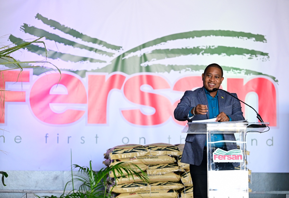 Minister of Agriculture, Fisheries and Mining, Hon. Floyd Green, delivers the main address during Newport‑Fersan (Jamaica) Limited’s Hurricane Melissa Support Handover Ceremony, held on Thursday (December 11) at the fertiliser company’s headquarters in Kingston. The entity has donated fertiliser, valued $25 million, to be distributed to farmers severely impacted by the major category-five hurricane.