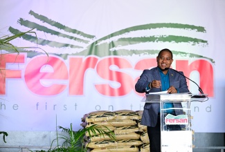 Minister of Agriculture, Fisheries and Mining, Hon. Floyd Green, delivers the main address during Newport‑Fersan (Jamaica) Limited’s Hurricane Melissa Support Handover Ceremony, held on Thursday (December 11) at the fertiliser company’s headquarters in Kingston. The entity has donated fertiliser, valued $25 million, to be distributed to farmers severely impacted by the major category-five hurricane.