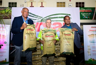 Minister of Agriculture, Fisheries and Mining, Hon. Floyd Green (right), shares in the symbolic handover of fertiliser by Newport-Fersan (Jamaica) Limited with the company’s Managing Director, Dennis Valdez (centre), and Chairman of the Agriculture Ministry’s Hurricane Melissa Recovery Task Force, Michael Pryce. The occasion was Newport-Fersan’s Hurricane Melissa Support Handover Ceremony, held on Thursday (December 11) at the fertiliser company’s headquarters in Kingston. Newport-Fersan donated $25 million worth of fertiliser (over 7,000 bags), to be distributed to farmers who were severely impacted by the major category-five storm.

