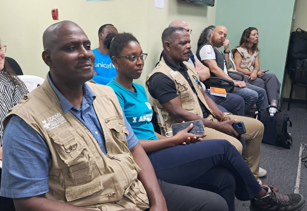 Team lead of the Caribbean Community (CARICOM) Operations Support Team, Caribbean Disaster Emergency Management Agency (CDEMA), Major General Rodney Smart (left) and representatives from other regional and international agencies in attendance at a recent briefing at the National Emergency Operations Centre (NEOC), located at the Office of Disaster Preparedness and Emergency Management (ODPEM), in Kingston.

