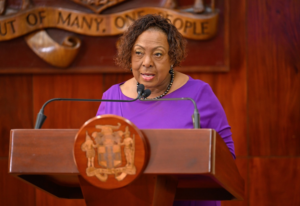 Culture, Gender, Entertainment and Sport Minister, Hon. Olivia Grange, addresses Wednesday’s (December 3) post-Cabinet press briefing at Jamaica House.

