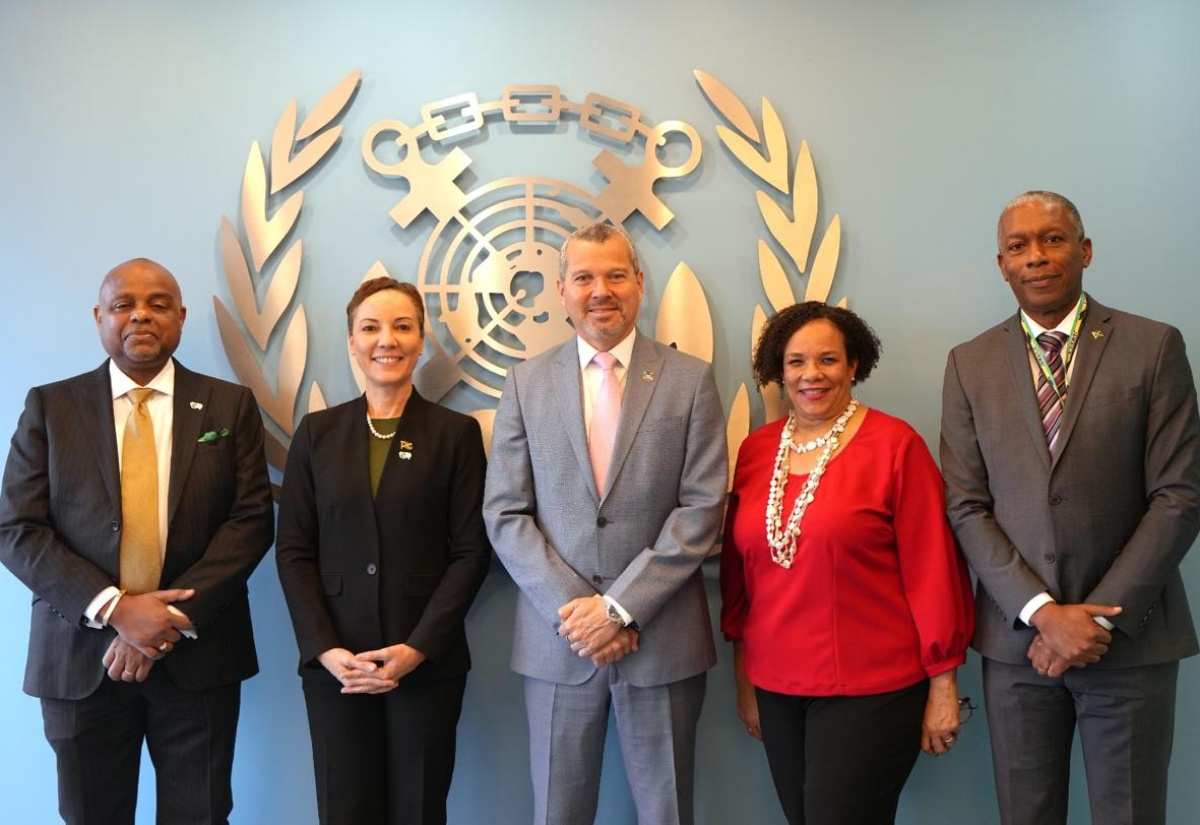 Jamaican Delegation to the 135th IMO Assembly in London, England, led by Minister of Foreign affairs and Foreign Trade, Senator the Hon. Kamina Johnson Smith (second left), with Secretary General of the International Maritime Organization (IMO), Arsenio Antonio Domínguez Velasco (centre). Other members of the delegation (from left) are Jamaican High Commissioner to the United Kingdom, His Excellency Alexander Williams; Board Chair, Maritime Authority of Jamaica (MAJ), Corah Ann Robertson Sylvester, and MAJ Director General,  Bertrand Smith.
