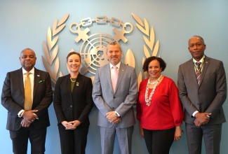 Jamaican Delegation to the 135th IMO Assembly in London, England, led by Minister of Foreign affairs and Foreign Trade, Senator the Hon. Kamina Johnson Smith (second left), with Secretary General of the International Maritime Organization (IMO), Arsenio Antonio Domínguez Velasco (centre). Other members of the delegation (from left) are Jamaican High Commissioner to the United Kingdom, His Excellency Alexander Williams; Board Chair, Maritime Authority of Jamaica (MAJ), Corah Ann Robertson Sylvester, and MAJ Director General,  Bertrand Smith.
