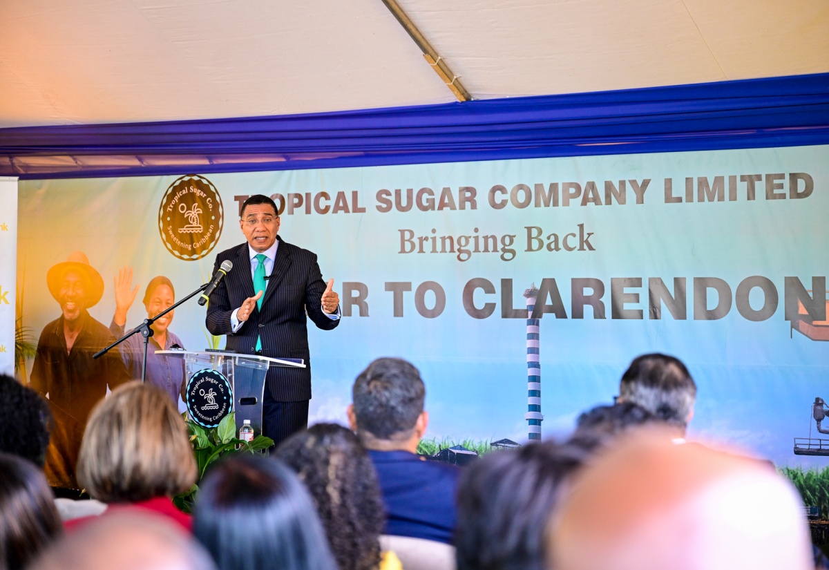 Prime Minister, Dr. the Most Hon. Andrew Holness, delivers the keynote address during Tuesday’s (December 2) ceremony to break ground for the US$50million Tropical Sugar Company Limited in Chesterfield, Clarendon.

