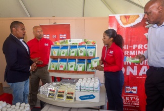 Minister of Agriculture, Fisheries and Mining, Hon. Floyd Green (left), converses with (from second left) Hi-Pro Vice President, Colonel (ret’d) Jaimie Ogilvie, and Farm Store Manager, Sherrae Wong-Black; and Chairman of the Agriculture Ministry’s Hurricane Melissa Recovery Task Force, Michael Pryce. The group convened at Hi‑Pro Ace Supercentre in White Marl, St. Catherine, on Wednesday (December 17) for the handover of $5.5 million in essential farming inputs, including livestock feed, chicks, and fertilisers, to support farmers recovering from Hurricane Melissa.

