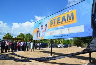 Unveiling of the STEAM billboard at the STEAM Academy Landmarking Ceremony at Bernard Lodge in St. Catherine.

