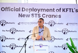Prime Minister, Dr. the Most Hon. Andrew Holness, addresses a ceremony to mark the official deployment of Kingston Freeport Terminal Limited’s new ship-to-shore (STS) cranes at the container terminal in Kingston on Wednesday (December 3).

