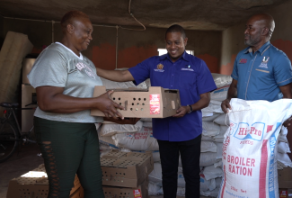 Minister of Agriculture, Fisheries and Mining, Hon. Floyd Green (centre), presents chickens and feed to Holland-based farmer, Claudeen Johnson (left), during a handover ceremony for broiler chickens and feed, held in Holland Village, St. Elizabeth, on Tuesday (December 16). Also participating is Chief Executive Officer of the Rural Agricultural Development Authority (RADA), Garnet Edmondson.  

