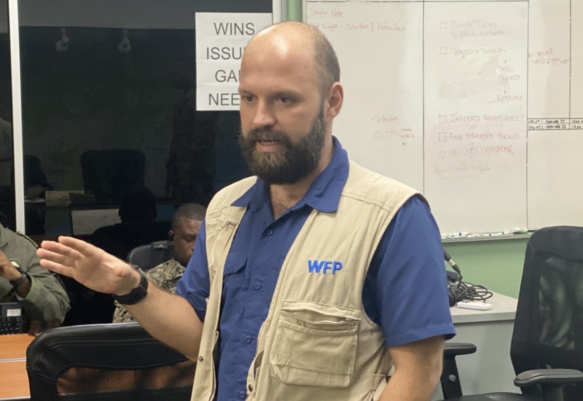 Cash Officer,  World Food Programme (WFP), Lorenzo Nerantzis, addresses a recent meeting of the National Emergency Operations Centre (NEOC), at the Office of Disaster Preparedness and Emergency Management (ODPEM) in Kingston.

