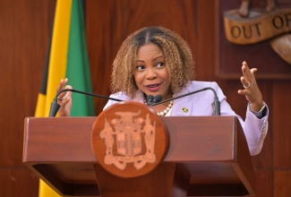 Minister of Education, Skills, Youth and Information, Senator Dr. the Hon. Dana Morris Dixon, addresses a recent post-Cabinet Press Briefing at Jamaica House in Kingston.

