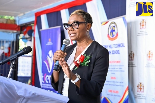 State Minister in the Ministry of National Security and Peace and Member of Parliament for St. Andrew West Rural, Hon. Juliet Cuthbert Flynn, delivers remarks during the official opening of the Electronic Document Preparation and Management (EDPM) and Customer Engagement Laboratory at Stony Hill Technical High School in St. Andrew on Friday (January 9).