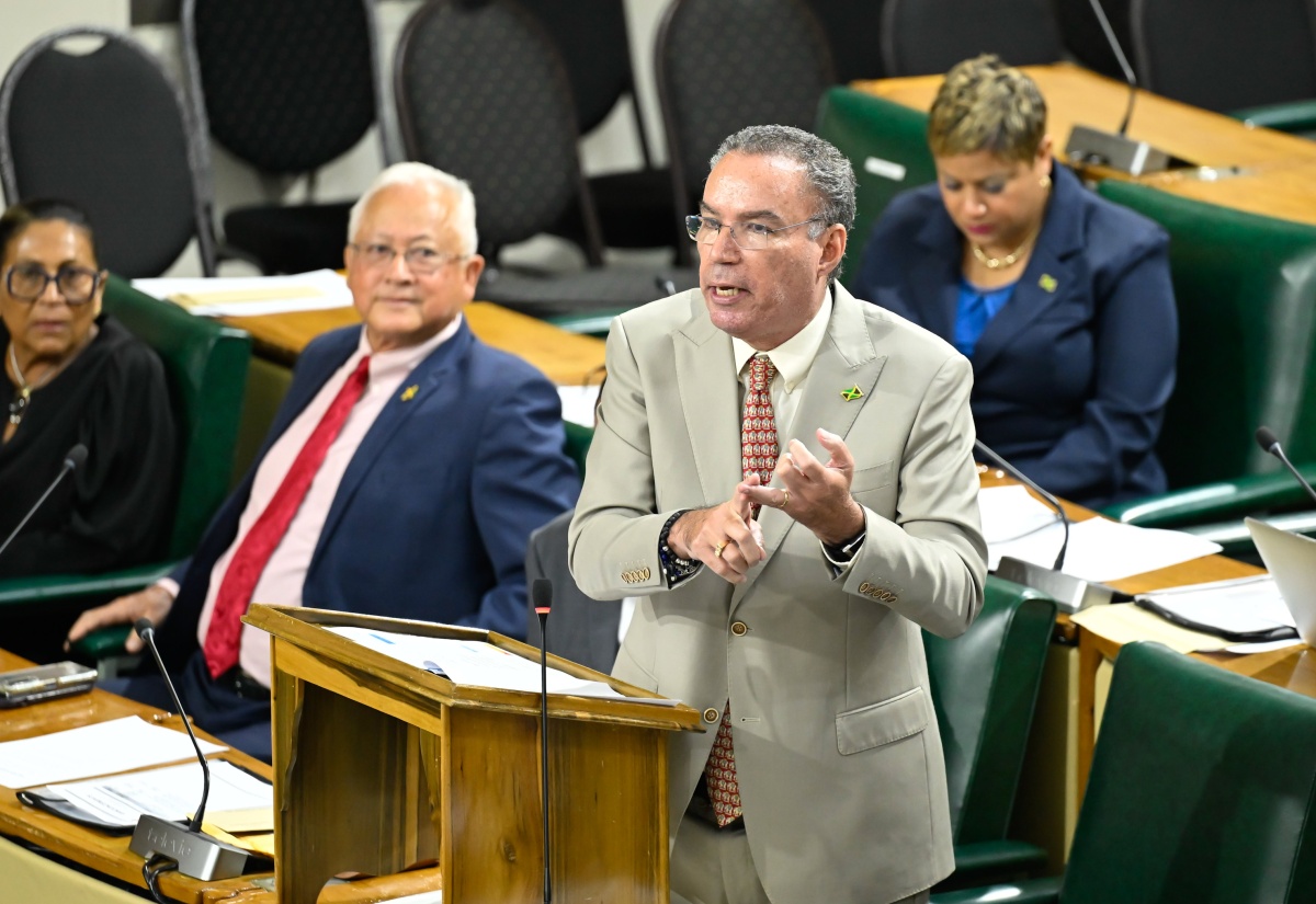 Minister of Energy, Telecommunications and Transport, Hon. Daryl Vaz, addresses the House of Representatives on Tuesday (January 13). Looking (from left) are State Minister in the Ministry of Justice and Constitutional Affairs. Hon. Marisa Dalrymple-Philibert, and Portfolio Minister, Hon. Delroy Chuck.


