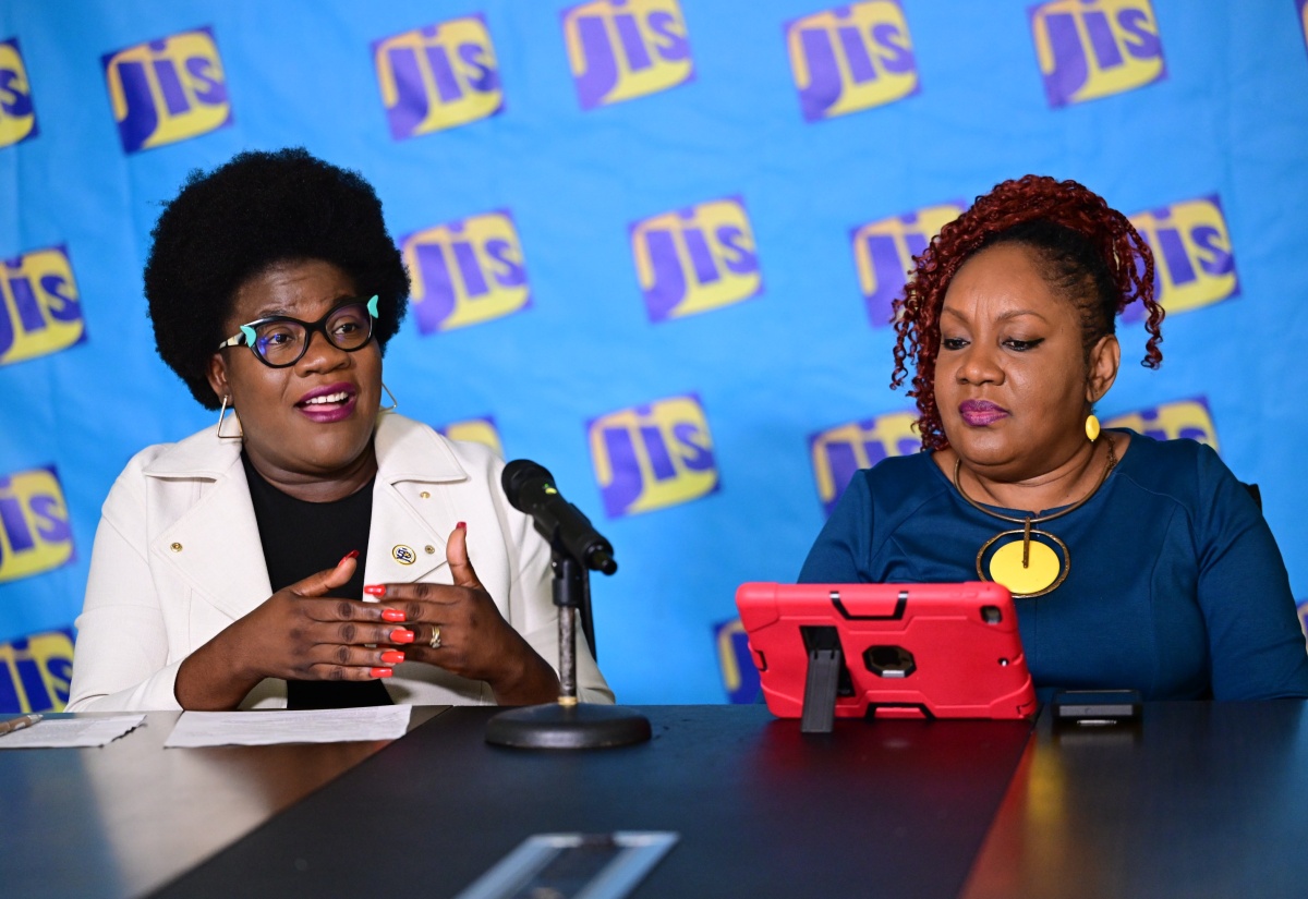 Principal Probation Aftercare Officer in the Department of Correctional Services, Kerryann Davis (left), and Technical Specialist for Socio-Economic Development in the Community Renewal Programme at the Planning Institute of Jamaica (PIOJ), Charmaine Brimm, participate in a Jamaica Information Service Think Tank on January 12.

