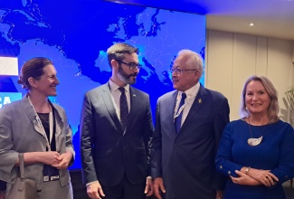Minister of Justice and Constitutional Affairs, Hon. Delroy Chuck (second right) converses with (from left) Ambassador of France to Jamaica, Her Excellency Marianne Ziss; Director of the EL PAcCTO 2.0 Project, Javier Samper, and European Union (EU) Ambassador to Jamaica, Her Excellency Dr. Erja Askola, during the opening ceremony for the EL PAcCTO 2.0 Strategic Caribbean Focal Points Meeting, held on Wednesday (January 28) at the ROK Hotel in Kingston. EL PAcCTO 2.0 is an international cooperation programme funded by the European Union, aimed at strengthening justice and security institutions and policies to combat organised crime across Latin America and the Caribbean.

