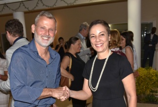 Minister of Foreign Affairs and Foreign Trade, Senator the Hon. Kamina Johnson Smith (right) is greeted by Ambassador of the Federal Republic of Germany to Jamaica, His Excellency Jan Hendrik van Thiel, upon her arrival at a New Year’s Reception held at the German Embassy in Kingston on Tuesday evening (January 20).

 