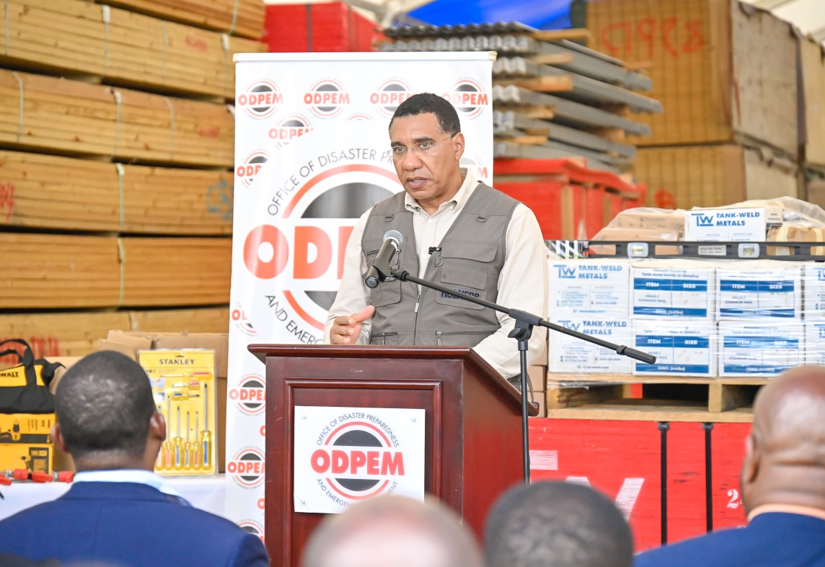 Prime Minister, Dr. the Most Hon. Andrew Holness,  addresses a ceremony for the handover of building supplies by New Era Developments Limited and Kemtek Construction, at the Jamaica Defence Force (JDF) Forward Operating Base in Luana, St. Elizabeth on Friday (Jan. 16).
