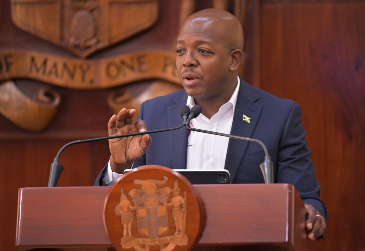 Minister of Labour and Social Security, Hon. Pearnel Charles Jr., addresses a post-Cabinet press briefing at the Office of the Prime Minister in Kingston, on Wednesday (January 14).

