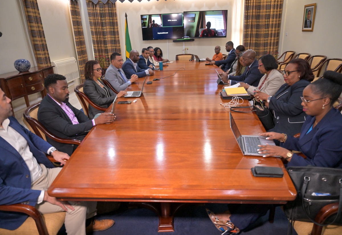 Prime Minister, Dr. the Most Hon. Andrew Holness (fourth left), in a meeting with officials from the Ministry of Labour and Social Security, Office of the Cabinet, and the Office of Disaster Preparedness and Emergency Management (ODPEM), on January 8, at the Office of the Prime Minister. 

