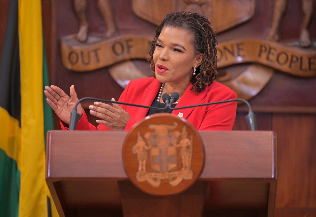 Minister without Portfolio in the Office of the Prime Minister with Responsibility for Efficiency, Innovation and Digital Transformation, Ambassador, the Hon. Audrey Marks, addresses the ceremony for the official launch of the implementation of the flexible work arrangement in the public sector at Jamaica House, St. Andrew, on January 29.

