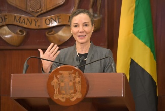 Minister of Foreign Affairs and Foreign Trade, Senator the Hon. Kamina Johnson Smith, addresses journalists during Wednesday’s (February 11) Post-Cabinet Press Briefing at Jamaica House.
