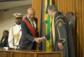 Governor-General, His Excellency the Most Hon. Sir Patrick Allen (left), is greeted by President of the Senate, Hon. Thomas Tavares-Finson, during the 2026/27 Ceremonial Opening of Parliament at Gordon House, on Thursday (February 12).