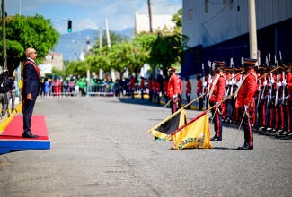 Governor-General, His Excellency the Most Hon. Sir Patrick Allen, stands at attention during the playing of the National Anthem, at the 2026/2027 ceremonial opening of Parliament at Gordon House on February 12, where he delivered the Throne Speech.