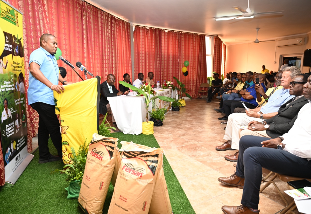 Minister of Agriculture, Fisheries and Mining, Hon. Floyd Green (podium), addresses the Banana Board’s Hurricane Melissa Recovery Programme handover ceremony held at the Holy Trinity Anglican Church in Montego Bay, St. James, on Wednesday, February 25.

