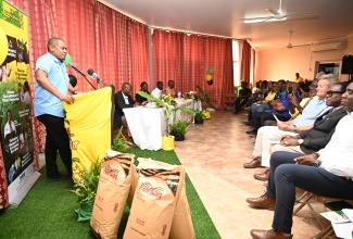 Minister of Agriculture, Fisheries and Mining, Hon. Floyd Green (podium), addresses the Banana Board’s Hurricane Melissa Recovery Programme handover ceremony held at the Holy Trinity Anglican Church in Montego Bay, St. James, on Wednesday, February 25.
