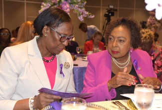 Minister of Culture, Gender, Entertainment and Sport, Hon. Olivia Grange (right), converses with Principal Director at the Bureau of Gender Affairs (BGA), Sharon Coburn Robinson, during a recent ceremony commemorating the International Day for the Elimination of Violence Against Women (IDEVAW) at The Jamaica Pegasus hotel in New Kingston.